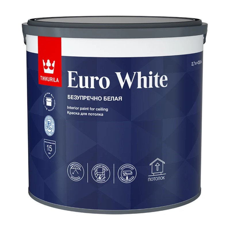 Краска для потолка Tikkurila Euro White белая глубокоматовая (2,7 л)