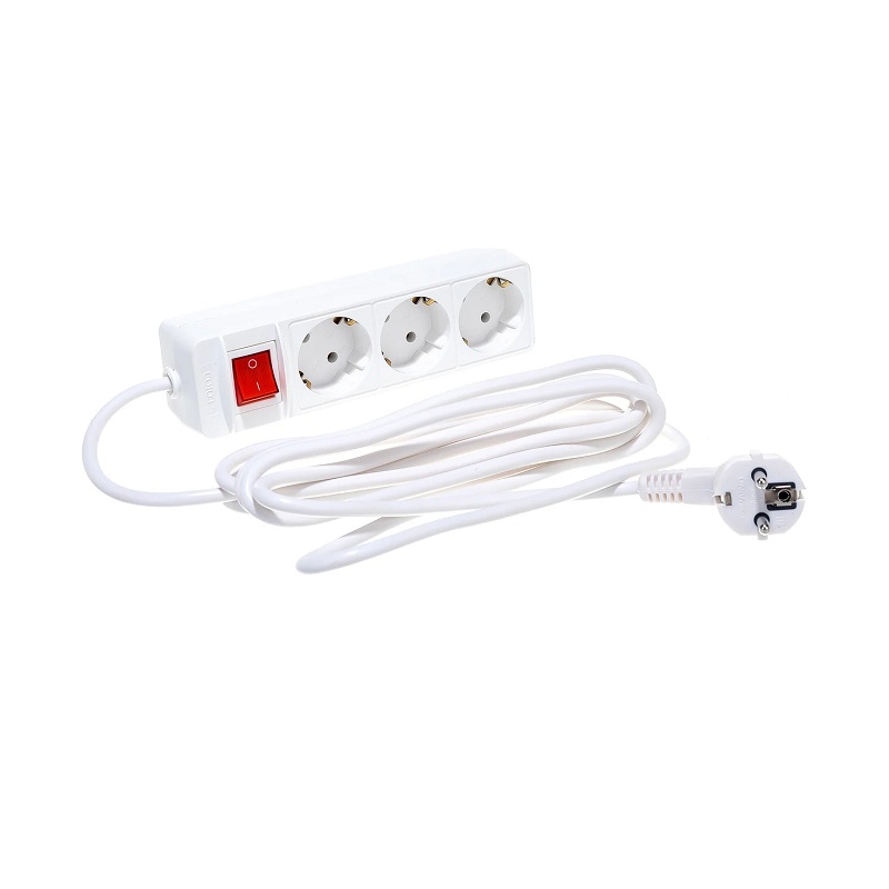 Удлинитель бытовой 481S-7303, 3 гнезда, ПВС, 2200 Вт, с/з и выключателем, 3 м, белый