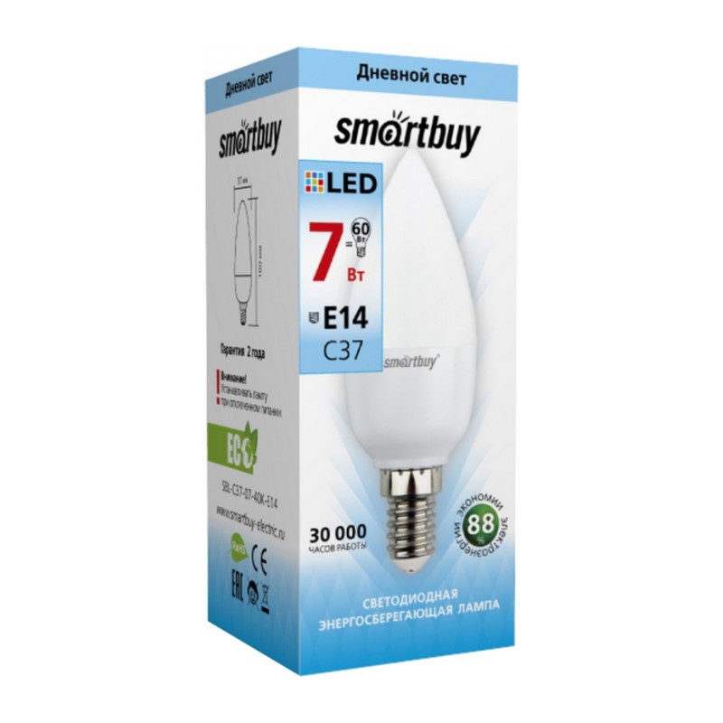 Лампа светодиодная Smartbuy LED E14, свеча, 7Вт, 230В, 4000К, нейтральный свет