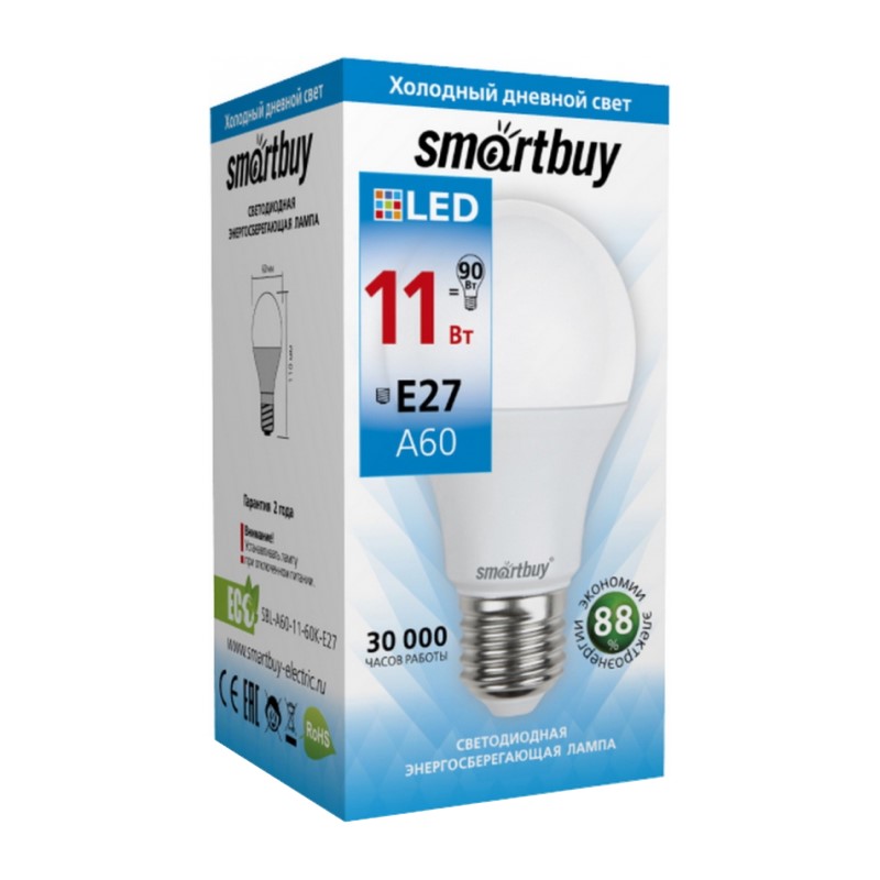 Лампа светодиодная Smartbuy LED E27, груша, 11Вт, 230В, 6000К, холодный свет