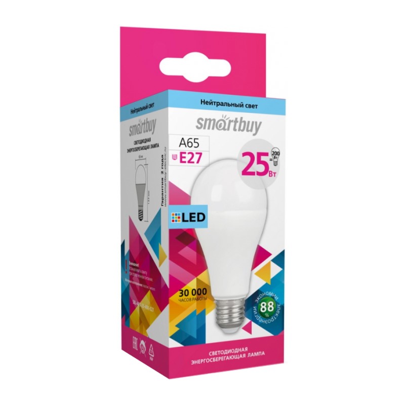 Лампа светодиодная Smartbuy LED E27, груша, 25Вт, 230В, 4000К, нейтральный свет