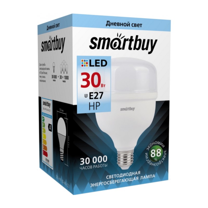Лампа светодиодная Smartbuy LED E27, 30Вт, 230В, 4000К, нейтральный свет