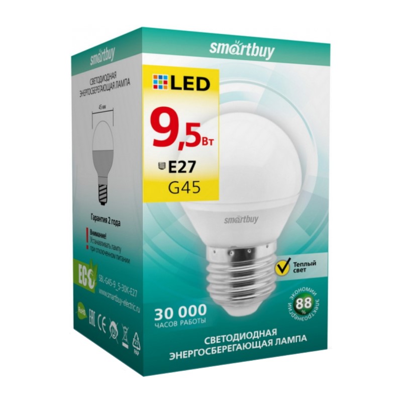 Лампа светодиодная Smartbuy LED E27, шар, 9.5Вт, 230В, 3000К, теплый свет