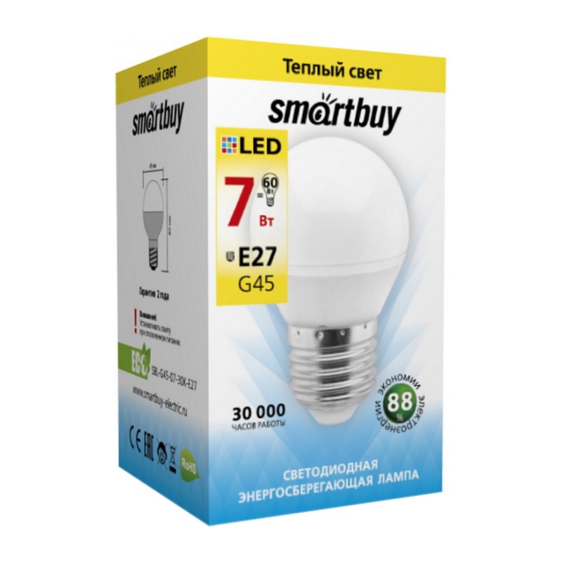 Лампа светодиодная Smartbuy LED E27, шар, 7Вт, 230В, 3000К, теплый свет