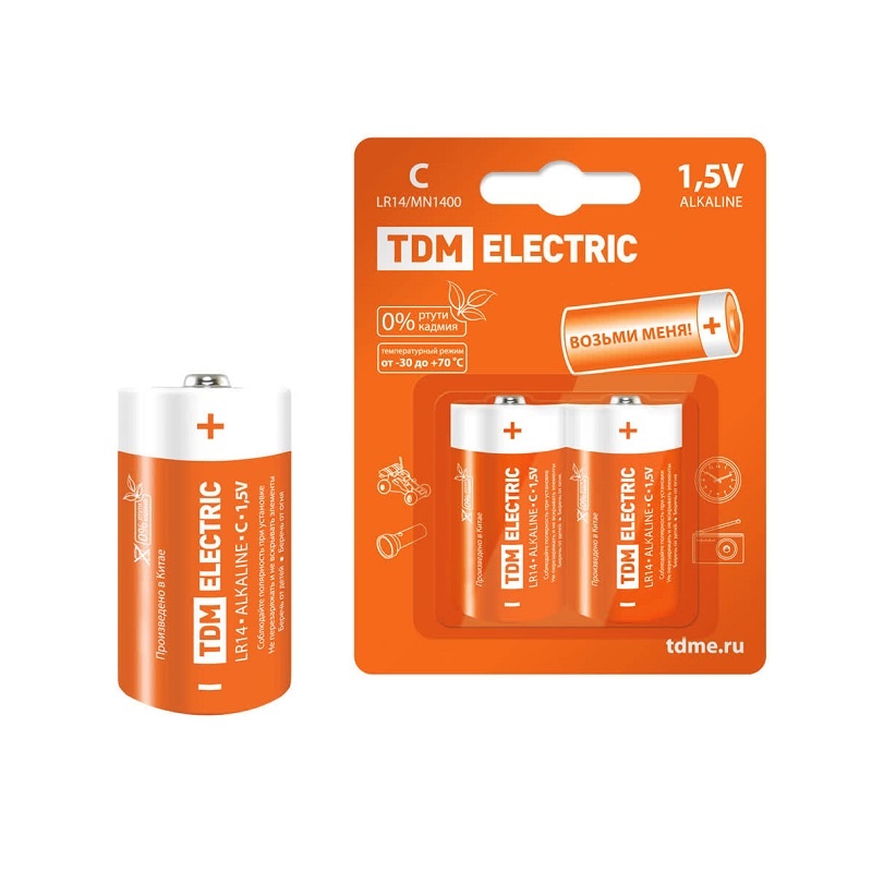Батарейки алкалиновые TDM тип LR14/С, 1,5 В (2 шт)