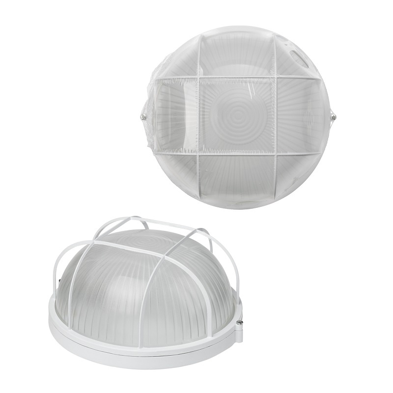 Светильник НПБ под Е27, 100 Вт, круг с решеткой, белый металл+стекло, IP54